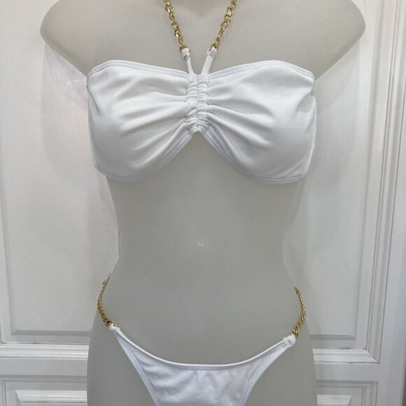 unbranded Other - White Thong Bikini 2-piece gold chains sz L removeable cups